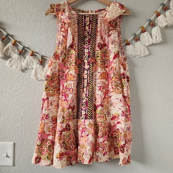 Free People Summer In Tulum Linen Blend Pink Floral Ruffle Mini Dress Boho M - Picture 1 of 9